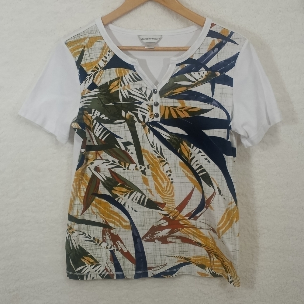 CJ Banks Women's V-Neck Tropical Faux 1/4 Button Down Printed Tee Shirt Size M